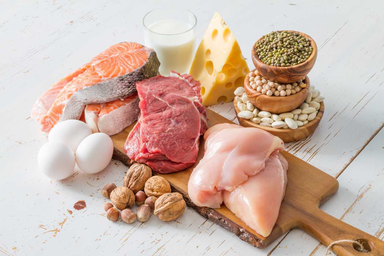 Sources of protein including chicken and salmon