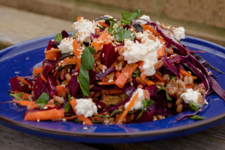 Beetroot farro honeyed walnut super salad served on a blue plate.