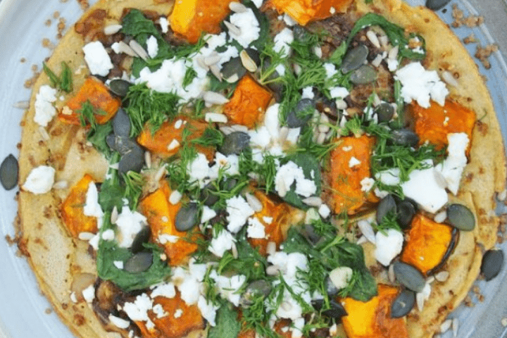 Roasted pumpkin, pesto and feta socca
